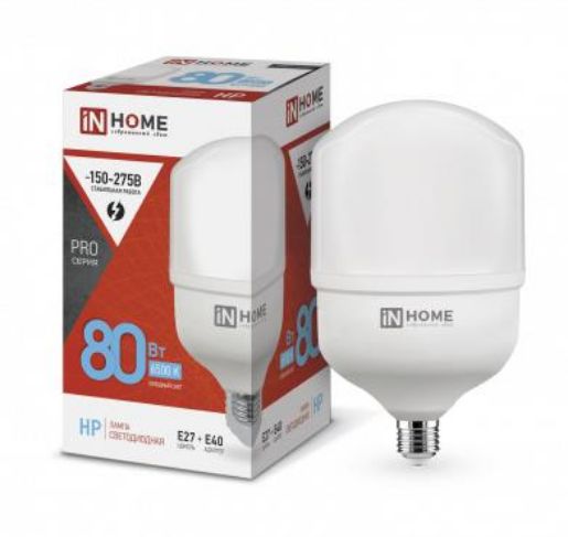 Изображение Лампа светодиодная LED-HP-PRO 80Вт трубчатая 6500К холод. бел. E27 7600лм 230В с адаптером E40 IN HOME 4690612031149