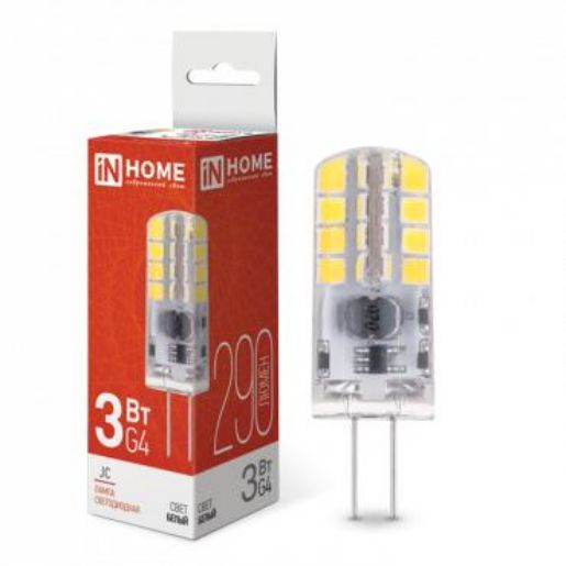 Изображение Лампа светодиодная LED-JC 3Вт капсульная прозрачная 4000К нейтр. бел. G4 290лм 12В IN HOME 4690612036021