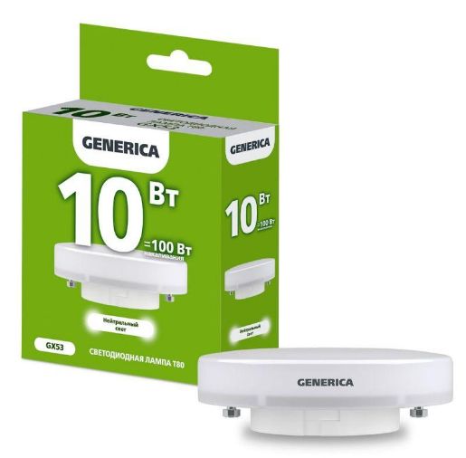 Изображение Лампа светодиодная T80 10Вт таблетка 4000К GX53 230В GENERICA LL-T80-10-230-40-GX53-G