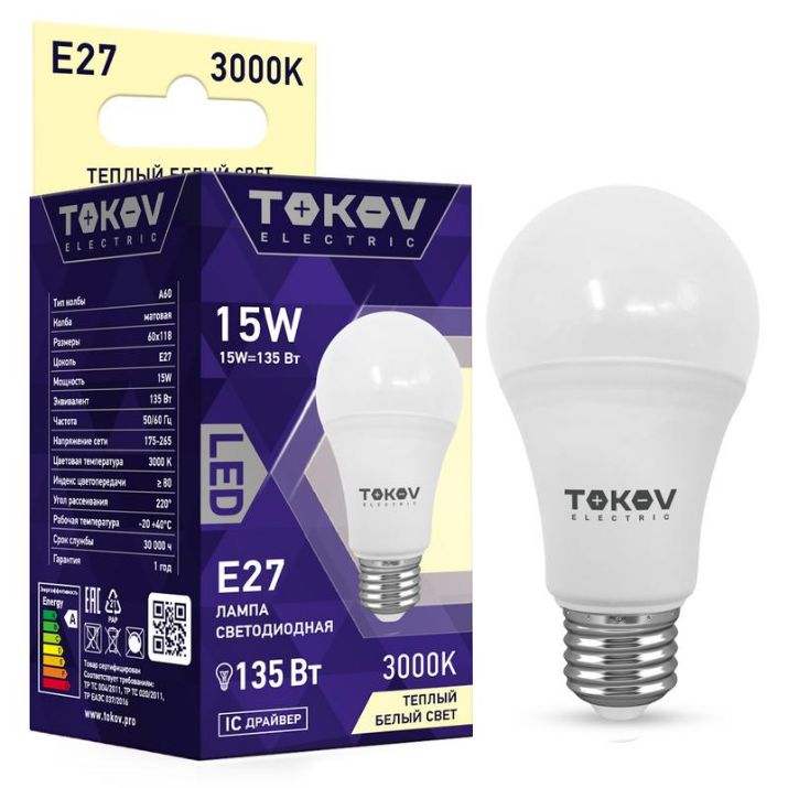 Изображение Лампа светодиодная 15Вт А60 3000К Е27 176-264В TOKOV ELECTRIC TKE-A60-E27-15-3K