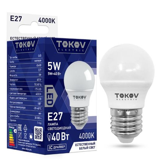 Изображение Лампа светодиодная 5Вт G45 4000К Е27 176-264В TOKOV ELECTRIC TKE-G45-E27-5-4K