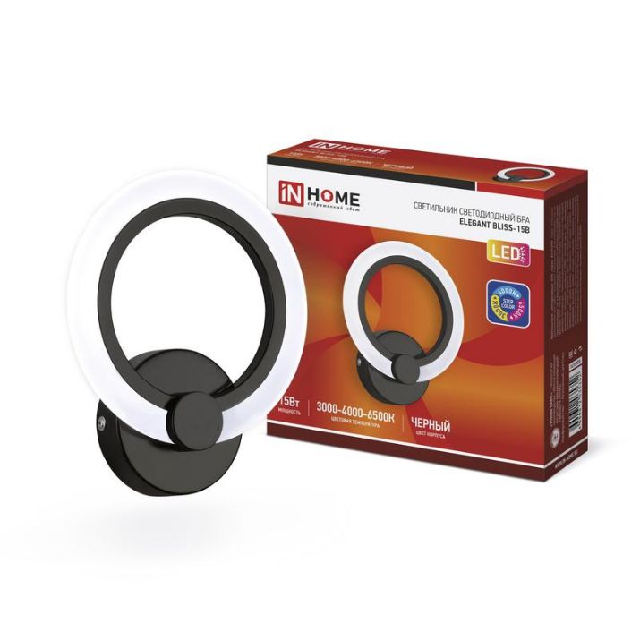 Изображение Светильник светодиодный ELEGANT BLISS-15B 15Вт 3000-6500К 1200лм 230В STEP COLOR черн. IN HOME 4690612035352
