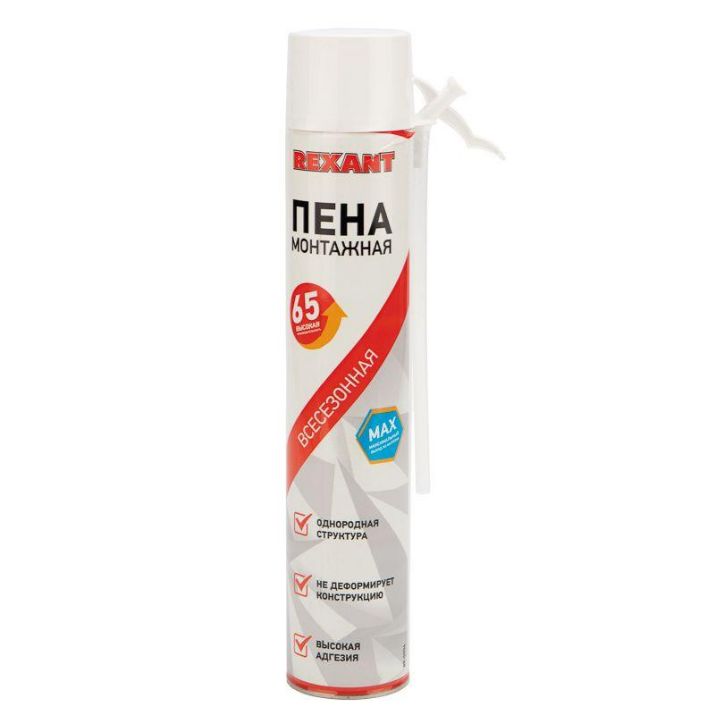 Изображение Пена монтажная всесезонная с трубочкой выход 65л max Rexant 89-0904