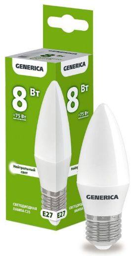 Изображение Лампа светодиодная C35 8Вт свеча 4000К E27 230В GENERICA LL-C35-08-230-40-E27-G