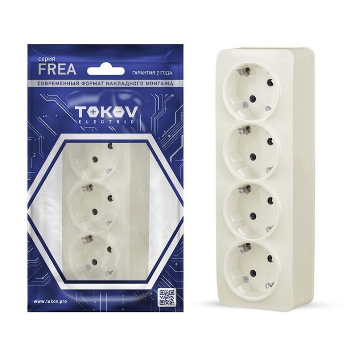 Изображение Розетка 4-м ОП Frea 16А IP20 250В с заземл. АБС-пластик беж. TOKOV ELECTRIC TKE-FR-R4Z-C02