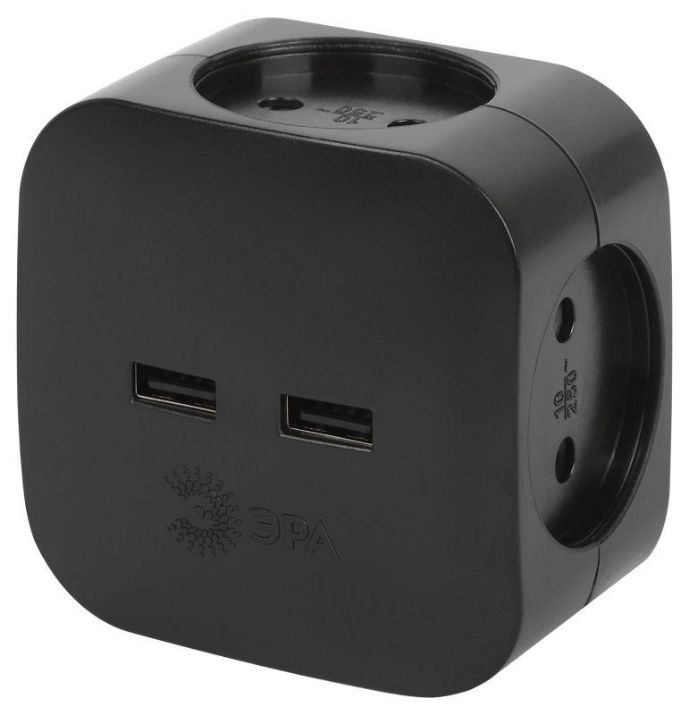 Изображение Разветвитель электрический SP-4-USB-B на 4 розетки 220В+ 2xUSB 2400мА без заземл 10А черн. Эра Б0049536