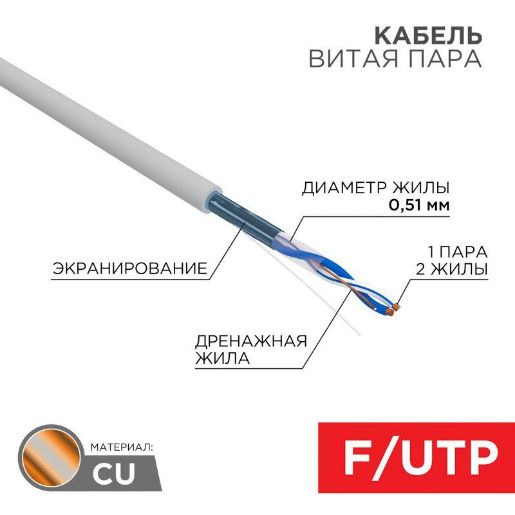 Изображение Кабель витая пара F/UTP 1х2х24AWG кат.5E solid CU PVC сер. (м) Rexant 01-0120