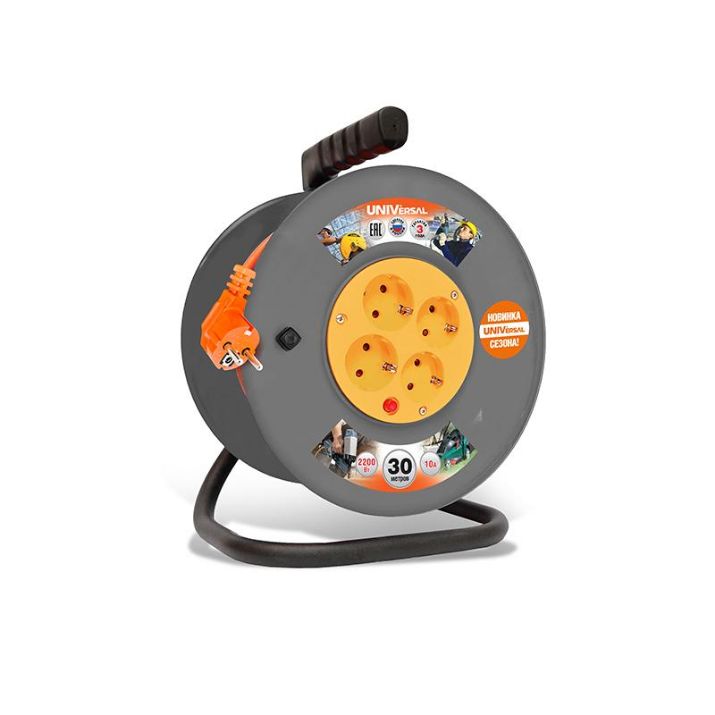 Изображение Удлинитель на катушке 4х30м с заземл. 6А IP44 ВЕМ-250 ПВС 3х0.75 термозащита защ. шторки UNIVersal 1680