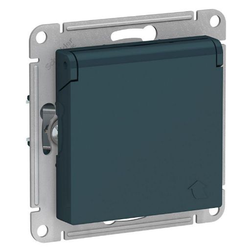 Изображение Розетка 1-м СП AtlasDesign 16А IP20 с заземл. защ. шторки с крышкой механизм изумруд SE ATN000846