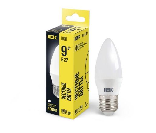 Изображение Лампа светодиодная Eco 9Вт C35 свеча 4000К нейтр. бел. E27 230В IEK LLE-C35-9-230-40-E27