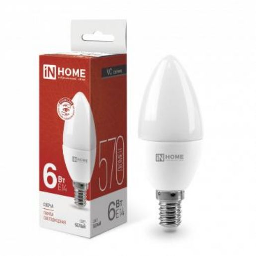 Изображение Лампа светодиодная LED-СВЕЧА-VC 6Вт свеча 4000К нейтр. бел. E14 570лм 230В IN HOME 4690612020396