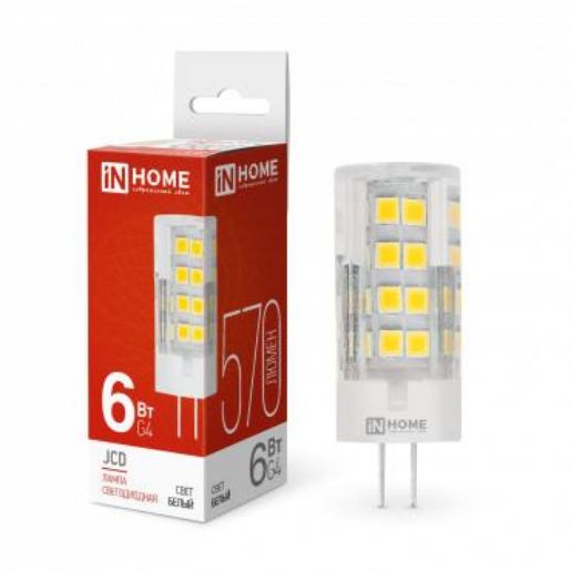 Изображение Лампа светодиодная LED-JCD 6Вт капсульная прозрачная 4000К нейтр. бел. G4 570лм 230В IN HOME 4690612036144