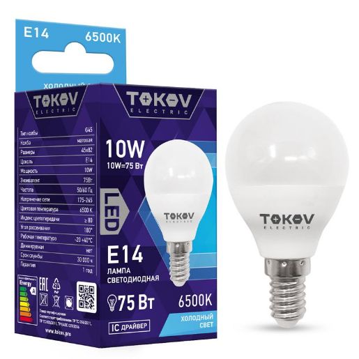 Изображение Лампа светодиодная 10Вт G45 6500К Е14 176-264В TOKOV ELECTRIC TKE-G45-E14-10-6.5K