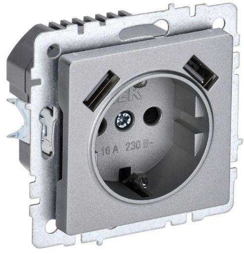 Изображение Розетка BRITE РЮш10-1-БрА 16А с USB A+A 2.1А с заземл. защ. шторки алюм. IEK BR-R14-16-U21-D21-K47