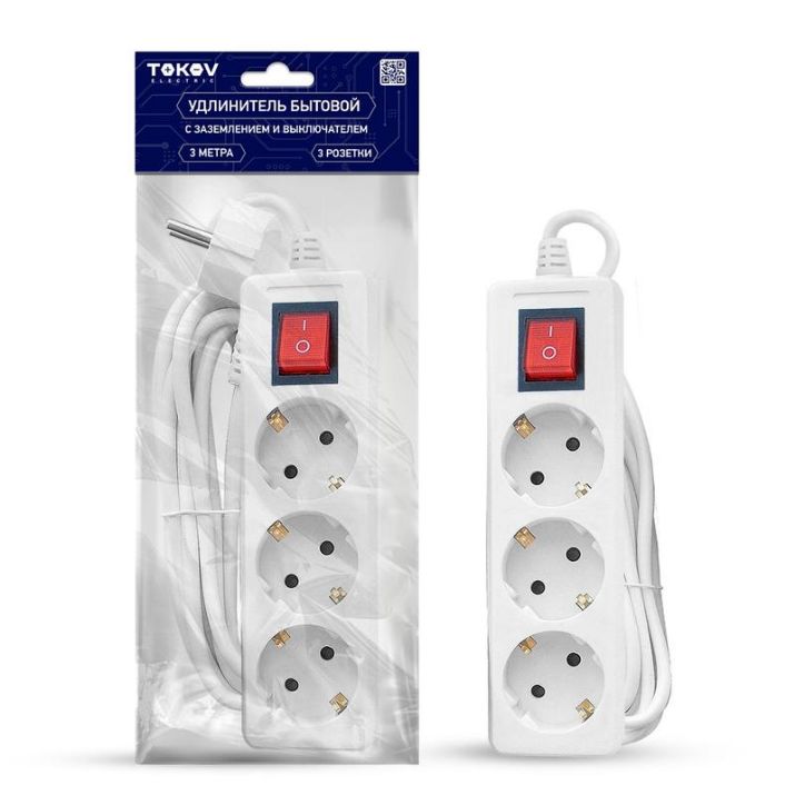 Изображение Удлинитель 3х3м с заземл. с выкл. 10А 3х0.75 TOKOV ELECTRIC TKE-C01-BU3-3-075-ZV