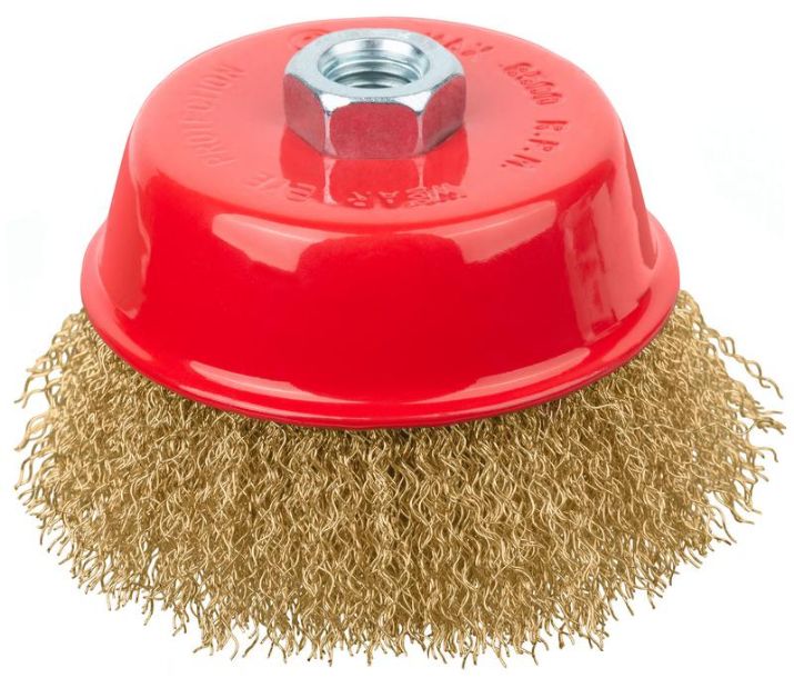 Изображение Корщетка-чашка гайка М14 стальная латунированная волнистая проволока 100мм FIT 39270