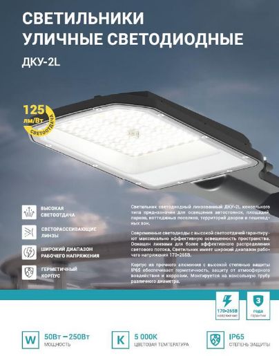 Изображение Светильник уличный линзованный светодиодный ДКУ-2L 50Вт 230В 5000К 6250лм 125лм/Вт 42-48мм IP65 NEOX 4690612057071