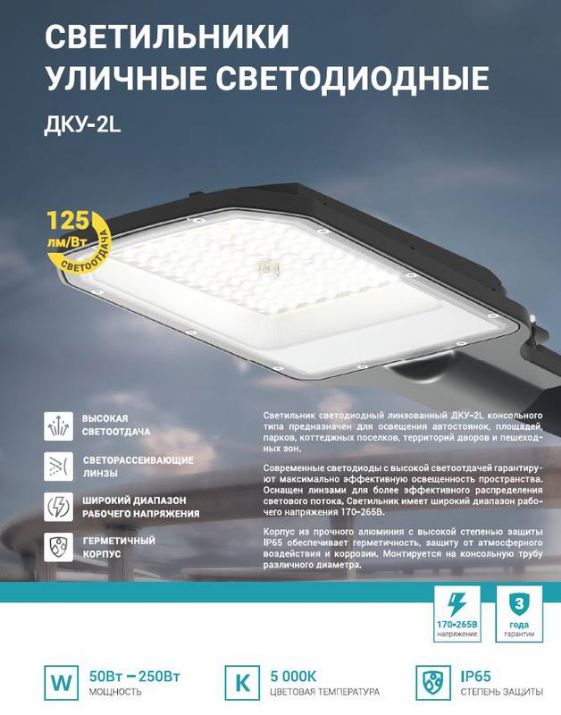Изображение Светильник уличный линзованный светодиодный ДКУ-2L 50Вт 230В 5000К 6250лм 125лм/Вт 42-48мм IP65 NEOX 4690612057071