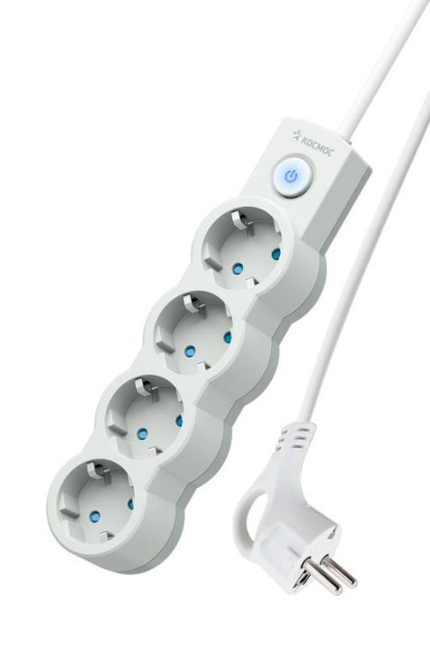 Изображение Удлинитель 4х1.5м с заземл. IP20 с выкл. 10А 2200Вт 220В защ. шторки ПВС 3х1 бел. КОСМОС YKsm1.5m-4g-Z-V10A-W