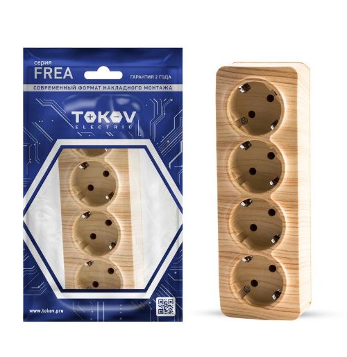 Изображение Розетка 4-м ОП Frea 16А IP20 250В с заземл. АБС-пластик сосна TOKOV ELECTRIC TKE-FR-R4Z-C25