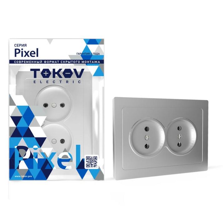 Изображение Розетка 2-м СП Pixel 16А IP20 без заземл. в сборе алюм. TOKOV ELECTRIC TKE-PX-R2F-C03