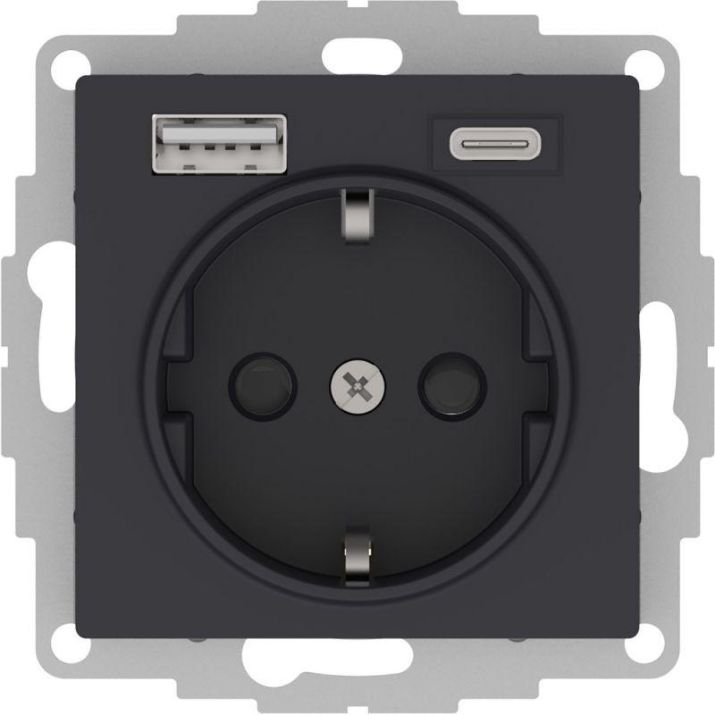 Изображение Розетка AtlasDesign 16А с 2-мя заряд. устройствами USB тип A+C 5В/2.4А 2х5В/1.2А механизм карбон SE ATN001032