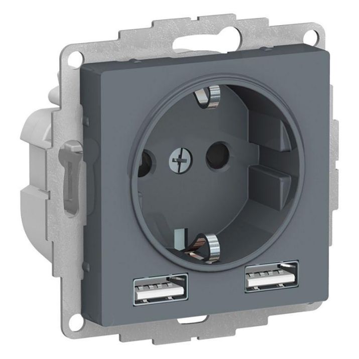 Изображение Розетка 1-м СП AtlasDesign 16А IP20 с 2-мя заряд. устройствами USB тип A+A 5В/2.4А 2х5В/1.2А механизм грифель SE ATN000730