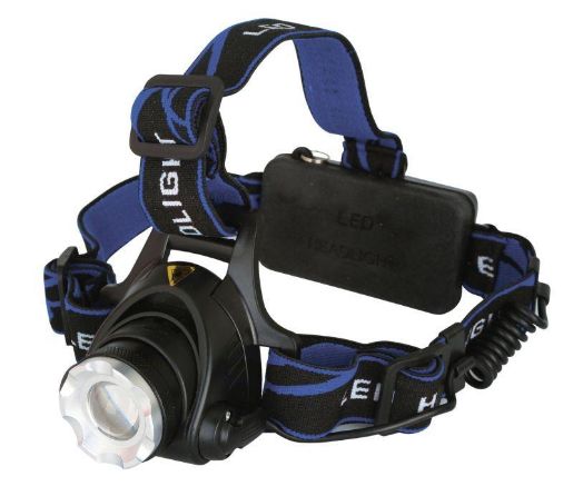 Изображение Фонарь аккумуляторный налобный E150 CREE 3Вт фокус 3 режима 220В пластик. черн. (бокс) Ultraflash 12188