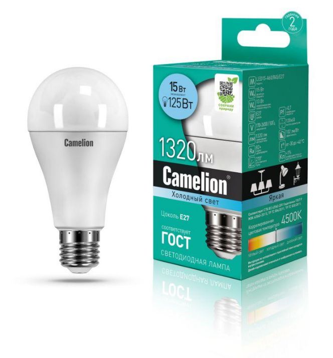 Изображение Лампа светодиодная LED15-A60/845/E27 15Вт грушевидная 4500К E27 1320лм 220В бел. Camelion 12186