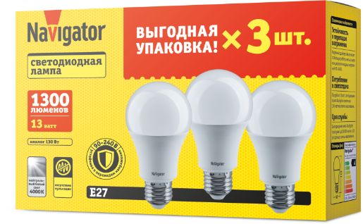 Изображение Лампа светодиодная 95 319 NLL-A60-13-230-4K-E27-PACK3 NAVIGATOR 95319