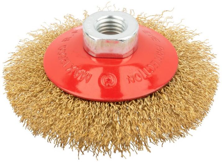 Изображение Корщетка-колесо с наклоном гайка М14 стальная латунированная волнистая проволока 100мм FIT 39050