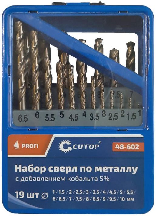 Изображение Набор сверл по металлу Profi 1-10мм (через 0.5мм) с кобальтом 5проц. в метал. коробке (19шт) Cutop 48-602