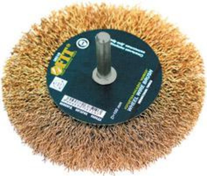Изображение Корщетка-колесо со штифтом стальная латунированная волнистая проволока 100мм FIT 38510