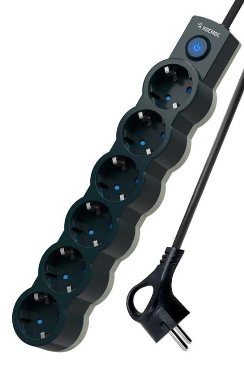 Изображение Удлинитель 6х1.5м с заземл. IP20 с выкл. 10А 2200Вт 220В защ. шторки ПВС 3х1 черн. КОСМОС YKsm1.5m-6g-Z-V10A-B