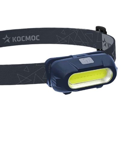 Изображение Фонарь аккумуляторный налобный 3Вт COB LED съемный Li-ion 18650 800мА.ч корпус ABS-пластик USB-шнур type C регулируемый эласт. ремешок КОСМОС KOC514Lit