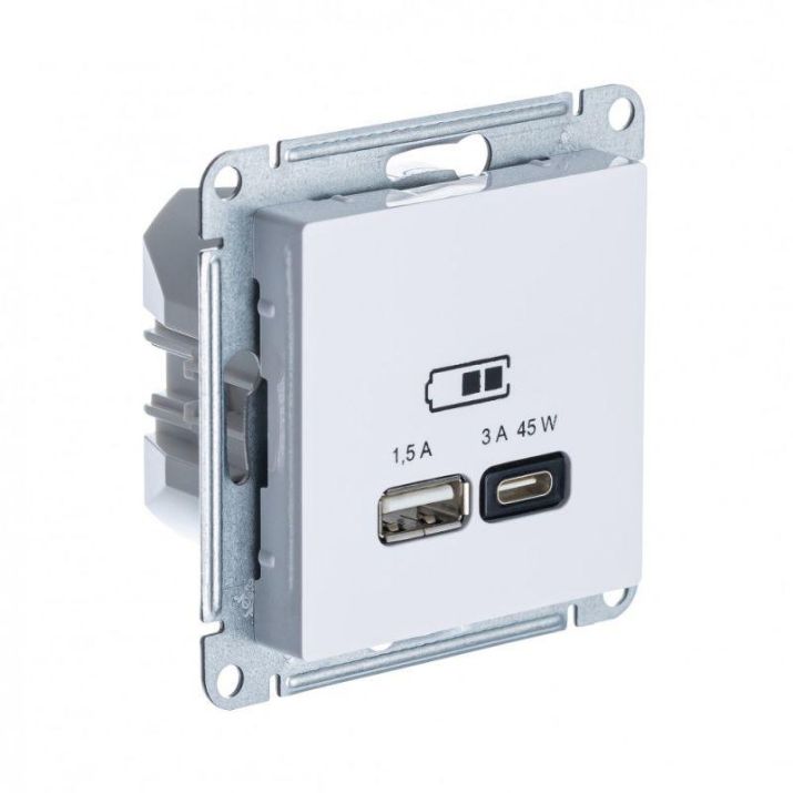 Изображение Розетка USB AtlasDesign тип A+C 45Вт QC PD высокоскор. ЗУ механизм бел. SE ATN000129