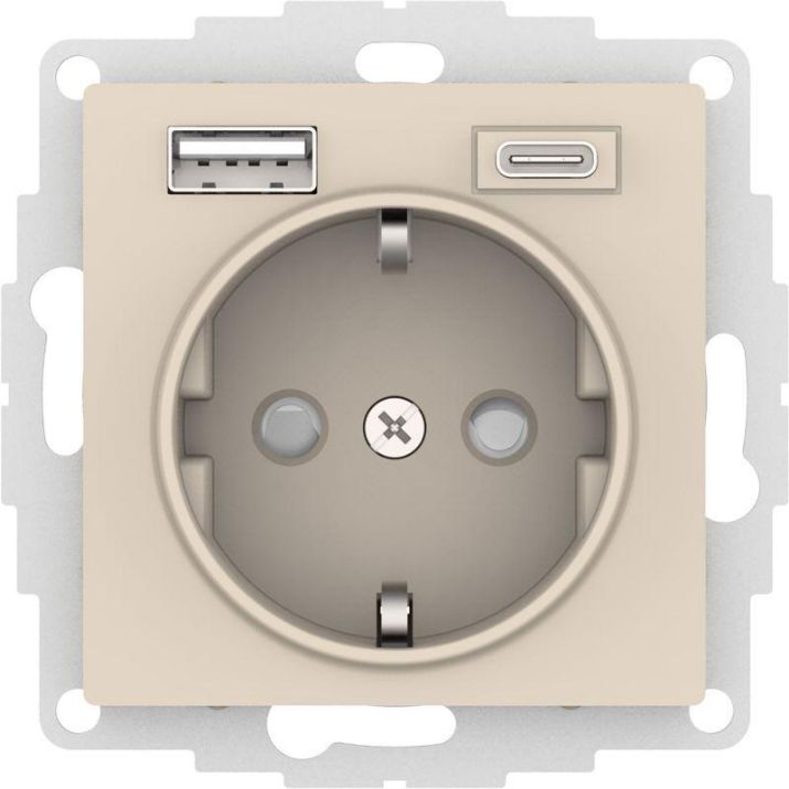 Изображение Розетка AtlasDesign 16А с 2-мя заряд. устройствами USB тип A+C 5В/2.4А 2х5В/1.2А механизм беж. SE ATN000232