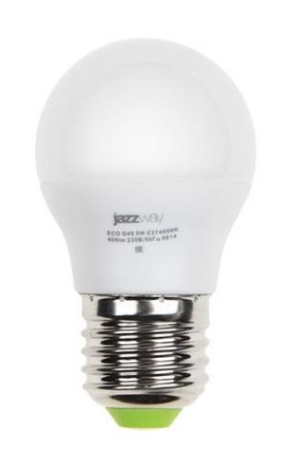 Изображение Лампа светодиодная PLED-ECO 5Вт G45 шар матовая 3000К тепл. бел. E27 400лм 230В 50Гц JazzWay 1036957A