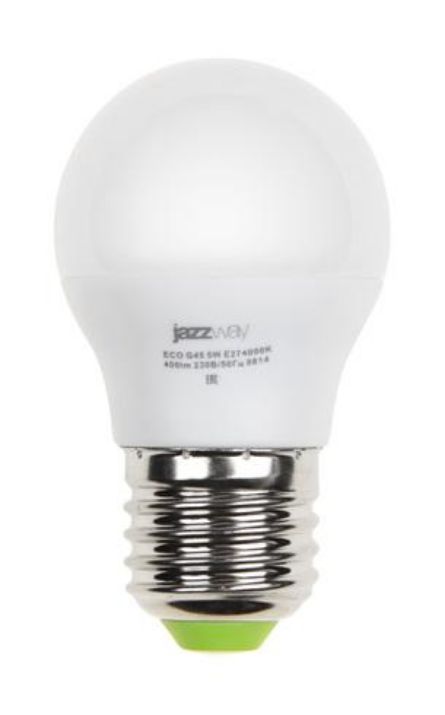 Изображение Лампа светодиодная PLED-ECO 5Вт G45 шар матовая 3000К тепл. бел. E27 400лм 230В 50Гц JazzWay 1036957A