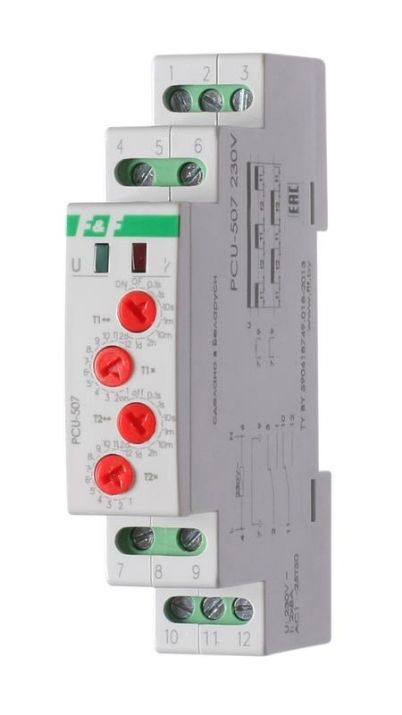 Изображение Реле времени PCU-507 2х8А 230В 2п IP20 многофункц. 2 независимых времен. 1 мод. монтаж на DIN-рейке F&F EA02.001.022