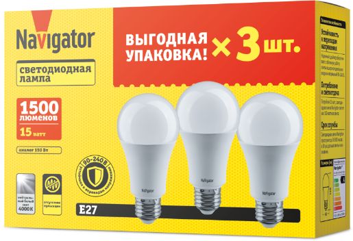 Изображение Лампа светодиодная 95 321 NLL-A60-15-230-4K-E27-PACK3 NAVIGATOR 95321
