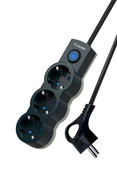 Изображение Удлинитель 3х3м с заземл. IP20 с выкл. 10А 2200Вт 220В защ. шторки ПВС 3х1 черн. КОСМОС YKsm3m-3g-Z-V10A-B