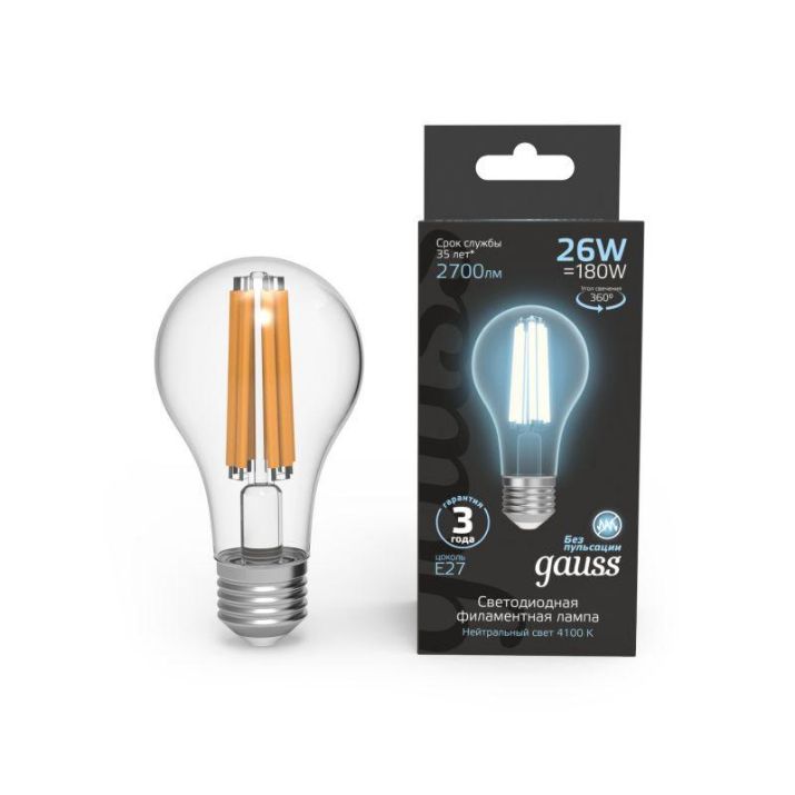 Изображение Лампа светодиодная филаментная Black Filament 26Вт A70 грушевидная 4100К нейтр. бел. E27 2700лм GAUSS 102902226