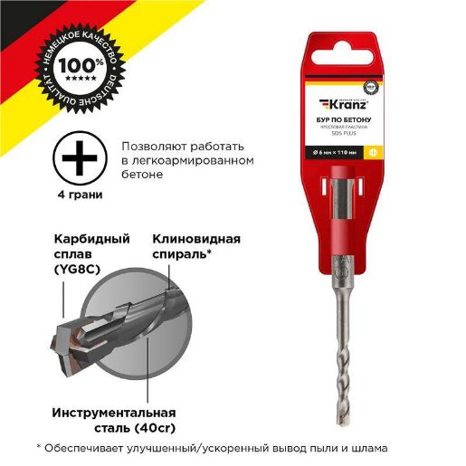 Изображение Бур по бетону 6х110мм крестовая пластина SDS PLUS Kranz KR-91-0801