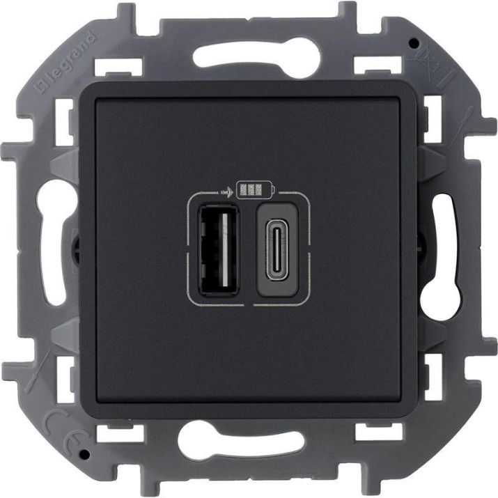Изображение Устройство зарядное Inspiria с 2-мя USB разьемами A и C 240В / 5В 3000мА антрацит Leg 673763