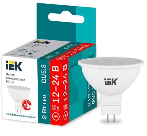 Изображение Лампа светодиодная 8Вт MR16 софит 4000К нейтр. бел. GU5.3 12-24В низковольтная IEK LLE-MR16-08-12-24-40-GU5