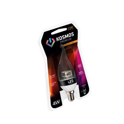 Изображение Лампа светодиодная KOSMOS premium 4Вт свеча на ветру прозрачная E14 230В 3000К Космос KLED4wCW230vE1427CL
