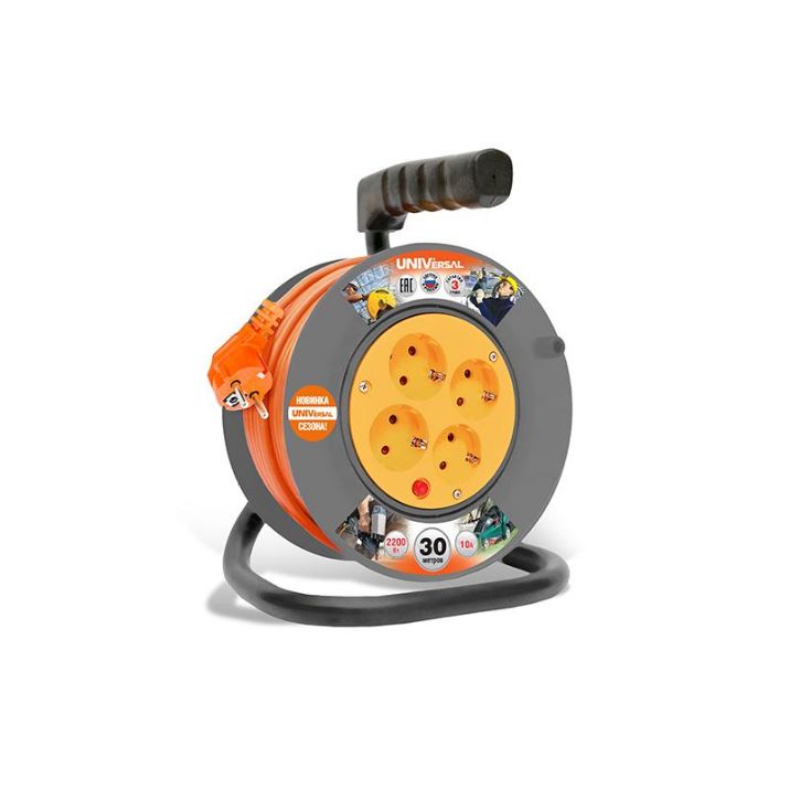 Изображение Удлинитель на катушке 4х30м с заземл. 6А IP20 У10-014 ПВС 3х0.75 термозащита UNIVersal 1686