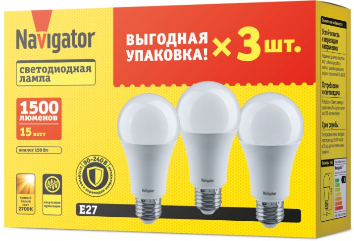 Изображение Лампа светодиодная 95 320 NLL-A60-15-230-2.7K-E27-PACK3 NAVIGATOR 95320