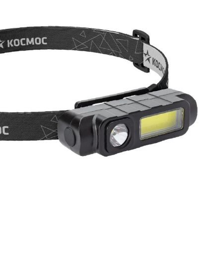 Изображение Фонарь аккумуляторный налобный 1Вт LED+3Вт COB LED Li-ion 18650 800мА.ч корпус ABS-пластик USB-шнур регулируемый эласт. ремешок КОСМОС KOC510Lit